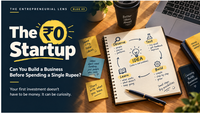 A notebook showing startup ideas and a plan to test a business without an initial investment